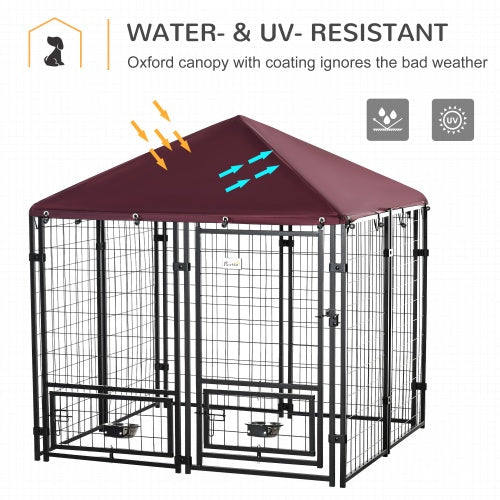 Outdoor Kennel With Rotating Bowl Rack – Walk-In Welded Wire Steel Dog Pen with Waterproof & UV-Resistant Awning | Cat Drinking & Feeding – furn36