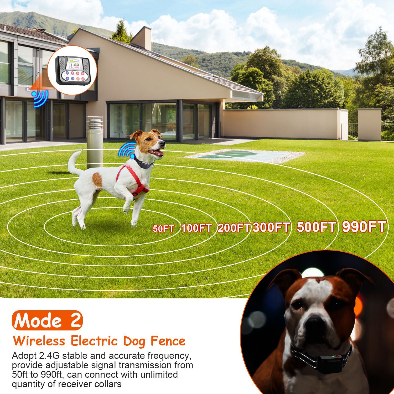 990FT Wireless Dog Fence & Training Collar – IPX6 Waterproof, 4-Channel System with Beep, Vibration & Shock (0–9 Levels) ACS53