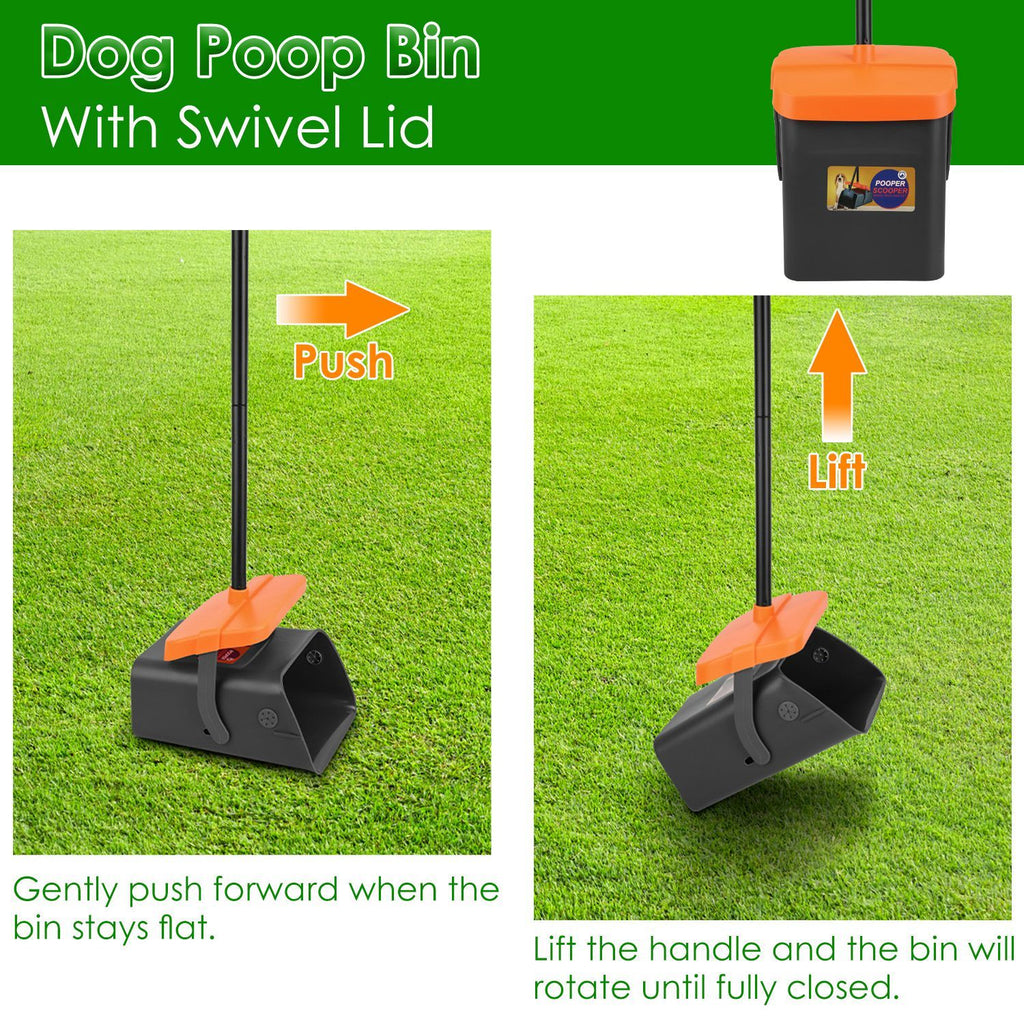 Heavy-Duty Pooper Scooper Kit – Swiveling Bin & Rake Set with Long Handle, 35 Waste Bags & Dispenser ACS29