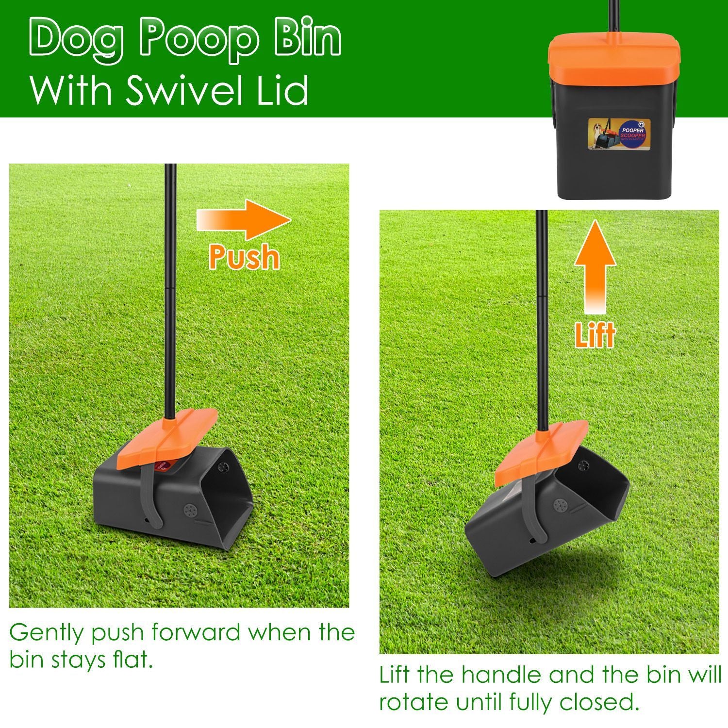 Heavy-Duty Pooper Scooper Kit – Swiveling Bin & Rake Set with Long Handle, 35 Waste Bags & Dispenser ACS29