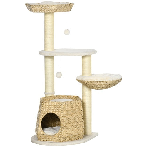 PawHut 47" Cat Tree Tower – Kitty Activity Center with Bed, Condo, Sisal Scratching Posts & Hanging Ball – Natural Cattail Fluff Design