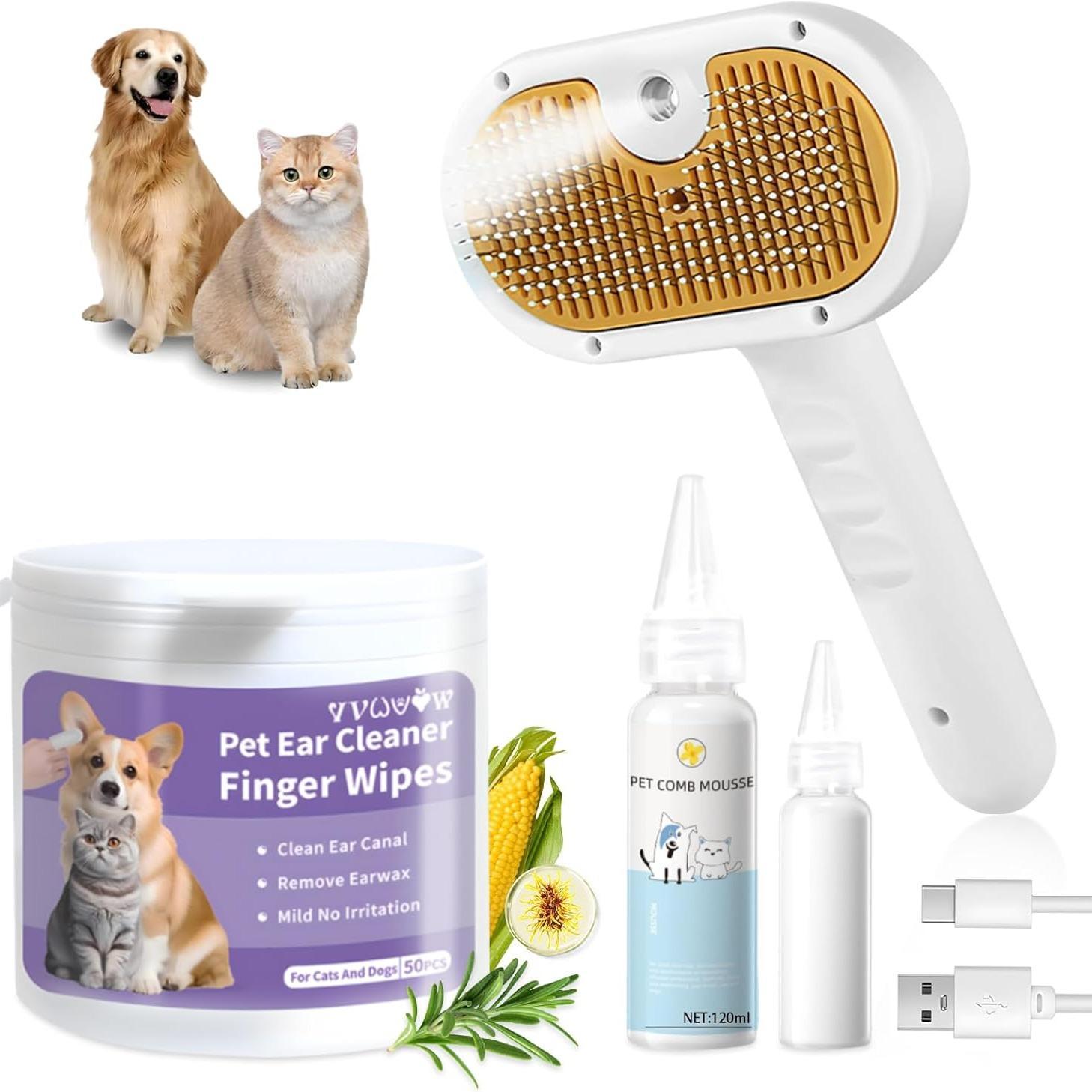 3-in-1 Universal Pet Steam Brush – Spray Hair Removal Comb with Waterless Shampoo & Ear Towel for Cats and Dogs care 31