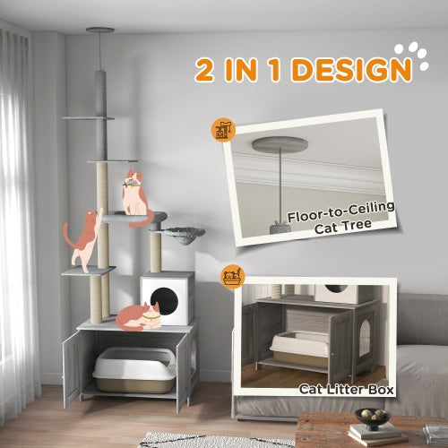 PawHut Cat Tree With Litter Box Enclosure – 2-in-1 Floor-to-Ceiling Cat Tower with Condo, Bed, Hammock, Scratching Posts & Platforms | Cat Drinking & Feeding – furn24