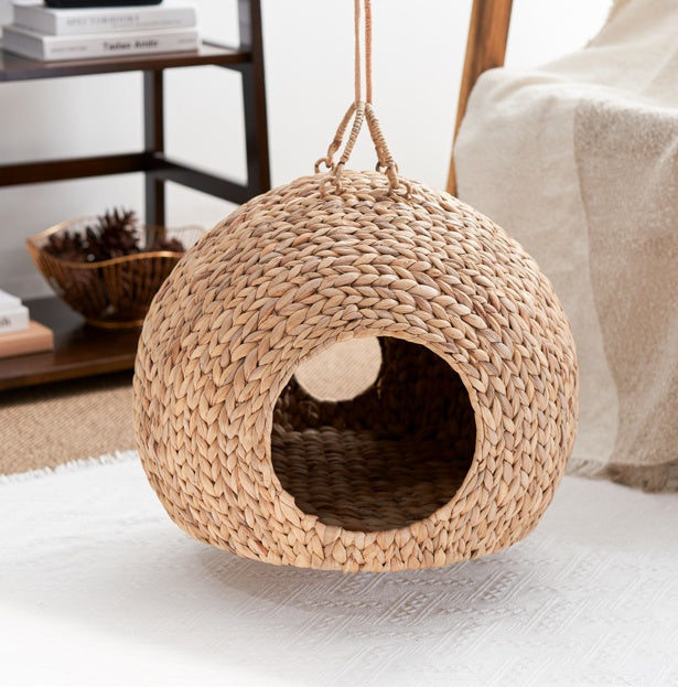 Weaving Rattan Circular Cat Bed – Handcrafted Round Pet Lounger with Soft Cushion for Cozy Indoor Naps | Cat Drinking & Feeding – furn27