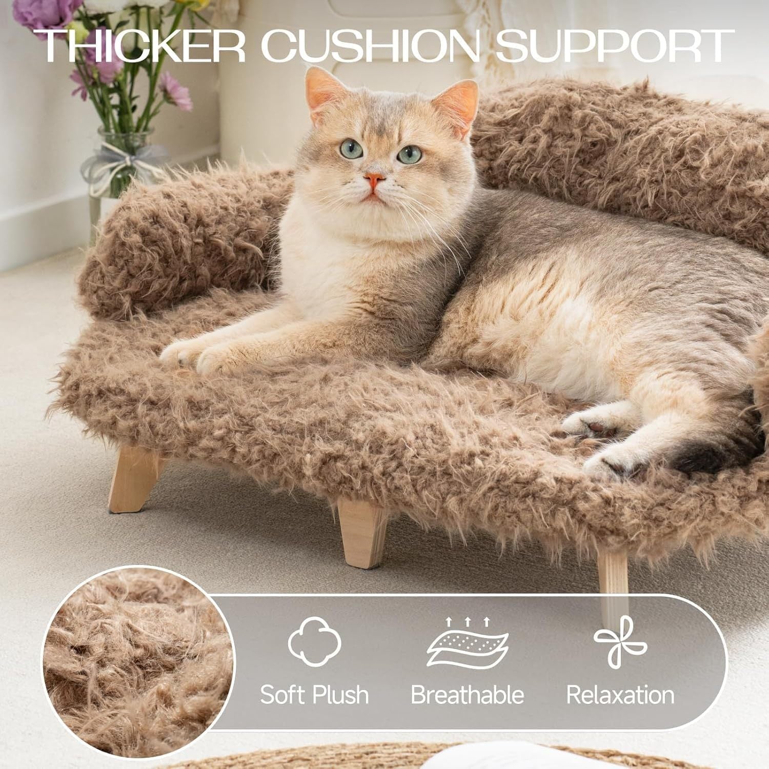 Elevated Cat Bed – 26x18.3x8.5" Wooden Pet Sofa with Washable Cover for Cats & Small Dogs | Cat Drinking & Feeding – bed58