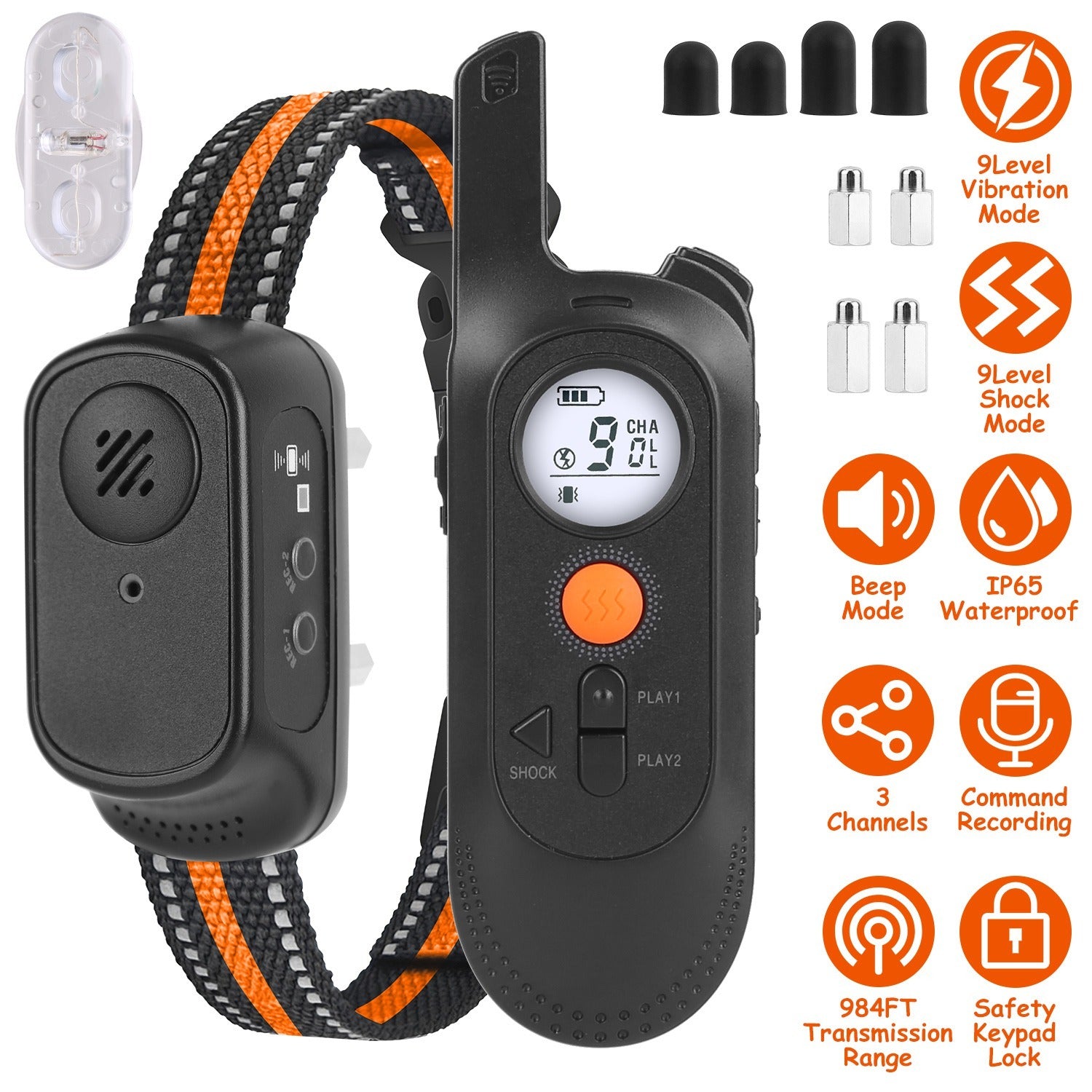984FT Dog Training Collar – IP65 Waterproof Rechargeable Trainer with Beep, Vibration, Shock, 3 Channels & Safety Lock ACS48
