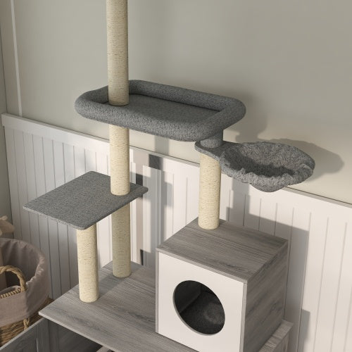 PawHut Cat Tree With Litter Box Enclosure – 2-in-1 Floor-to-Ceiling Cat Tower with Condo, Bed, Hammock, Scratching Posts & Platforms | Cat Drinking & Feeding – furn24